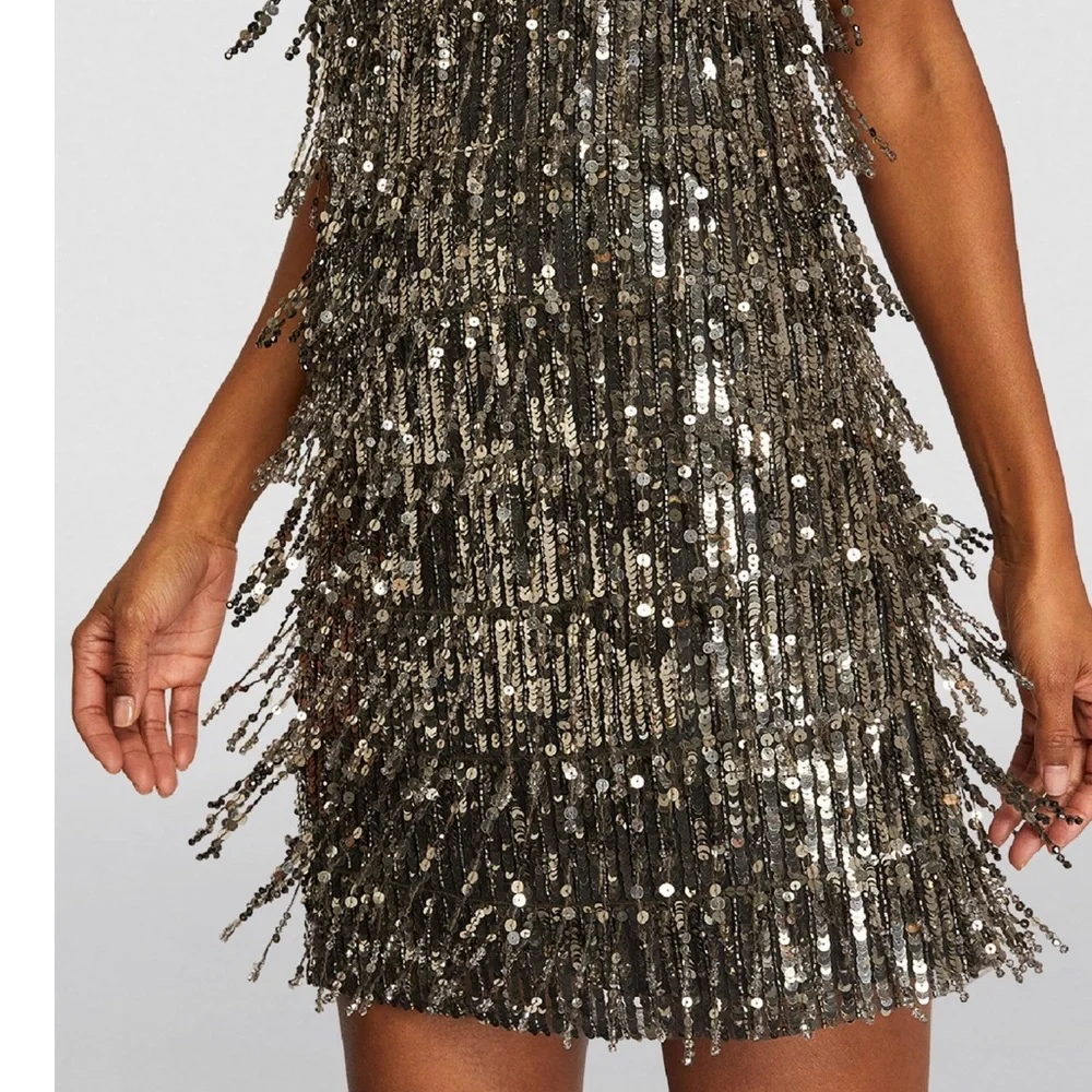 NWT Alice + Olivia Chicago Sequin Fringe Mini Dress Gunmetal Silver Flapper NYE - Picture 13 of 17
